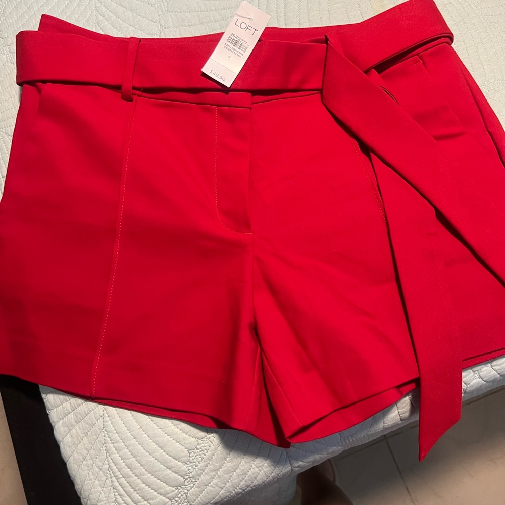 LOFT Red High Waist Belted Shorts